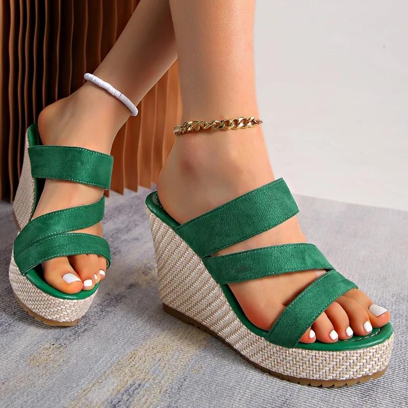 Брендовая обувь Женские тапочки с открытым носком Женские тапочки на платформе Женские сандалии с круглым носком и высокой танкеткой Большие размеры