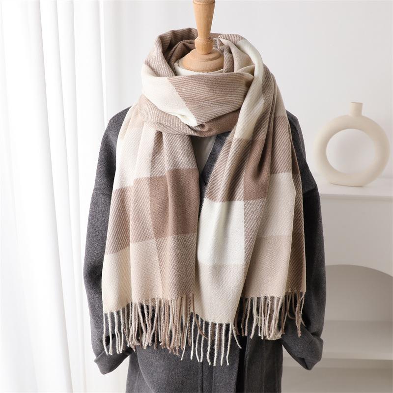 Зимний Женский Теплый Модный Кашемировый Шарф-Пашмина в Клетку Женские Шали и Накидки Повседневная Плетеная Шарф-Плед Шарф-Муфта