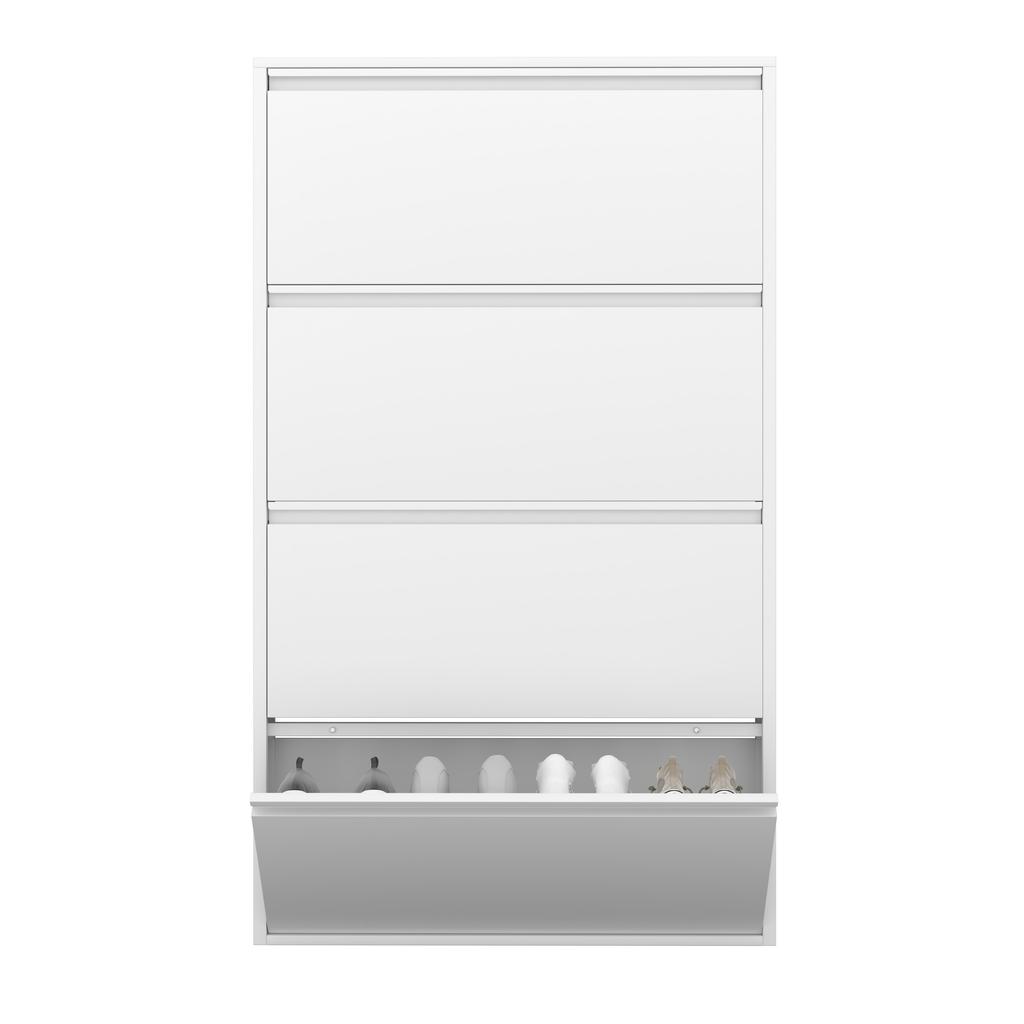 Metal Shoe Cabinet with 4 Flip Drawers, Wall Mounted Shoe Organizer, Narrow Slim Hidden Shoe Rack Storage for Entryway, White