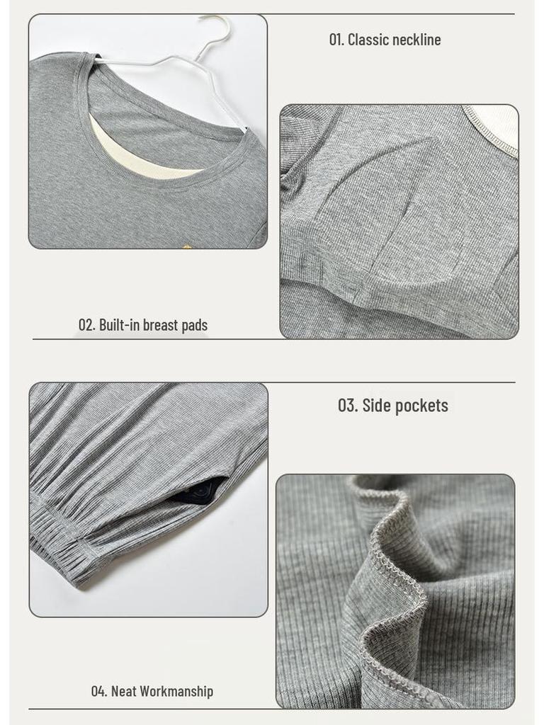 Women's Fall Pajama Set: Long Sleeve & Long Pants with Breast Pads, Modal Fabric, Wear Indoors or Outdoors