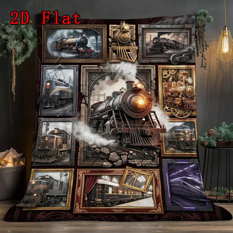Steam Train Art Rug 2D Flat Pattern Flannel Blanket, High quality All Seasons, Home Decor, Warmth and Comfort, Perfect for Christmas Gifts.