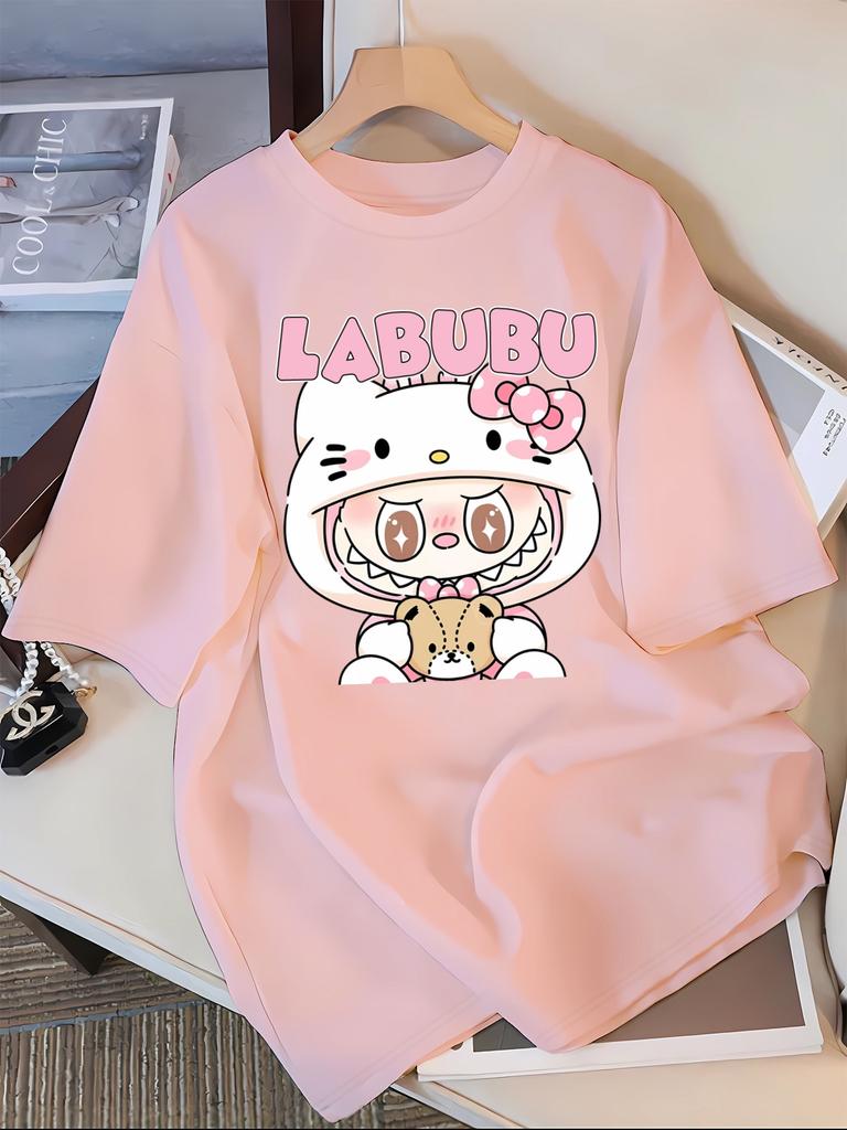 Labubu Cartoon Print Casual T-Shirt, Polyester 100% Crew Neck Short Sleeve Top for Spring/Summer/Fall - Knit Fabric Adult Tee