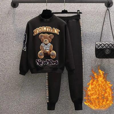 Женский осенне-зимний утепленный и утолщенный теплый спортивный костюм с длинными рукавами и круглым вырезом (толстовка + спортивные брюки), повседневный комплект из двух предметов