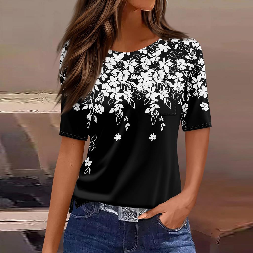 Футболки для женщин, плиссированные, с круглым вырезом, нарядные, повседневные, блузки с принтом, с коротким рукавом, летние топы, свободный крой