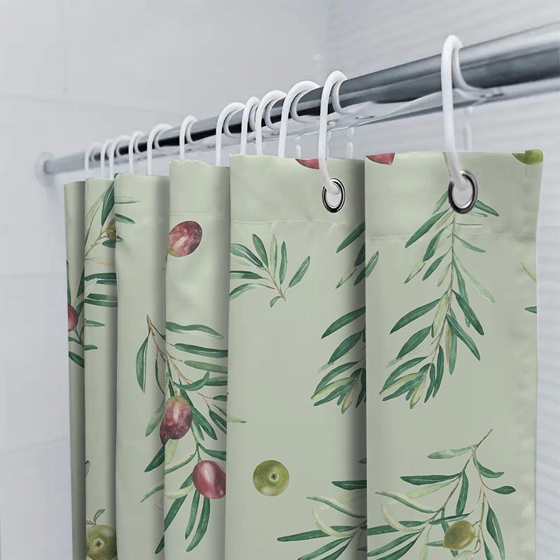 Green Leaves Bath Shower Curtain Olive Branch Waterproof Fabric Wall Hanging Decorative White Green Red Colors Pattern Design Pe