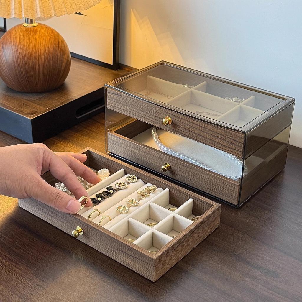 Walnut Wood Grain Jewelry Box, Necklace, Earring, and Decoration Box. 3-layer Jewelry Storage Box with Glass Windows