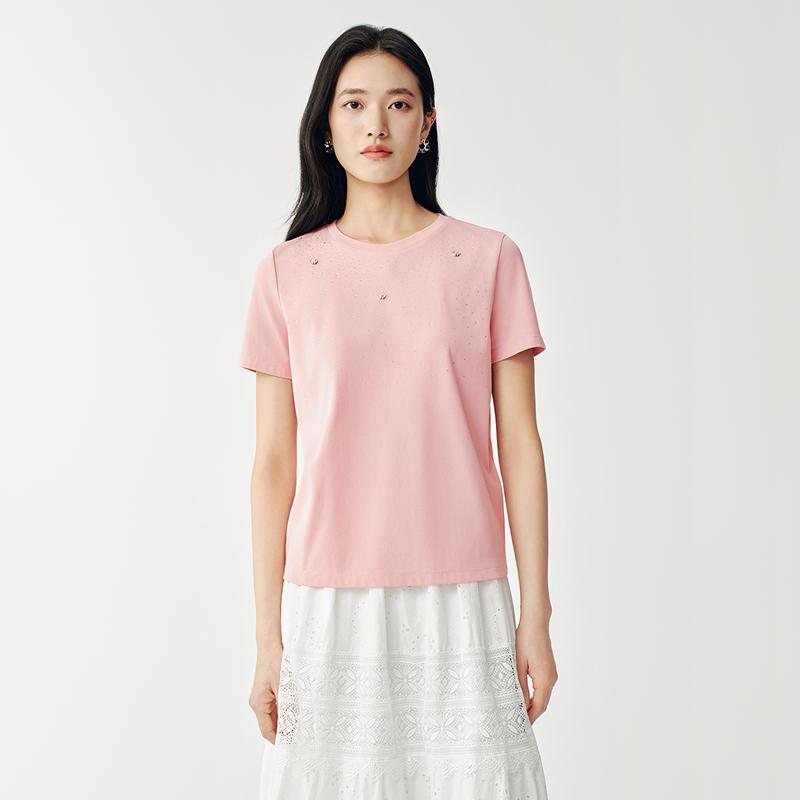 JUZUI Casual Relaxation Heavy Duty Hot Diamond Round Neck T-shirt for Women