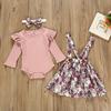 Toddler Baby Girl Long Sleeve Solid Romper+Floral Print Suspender Skirts Outfits