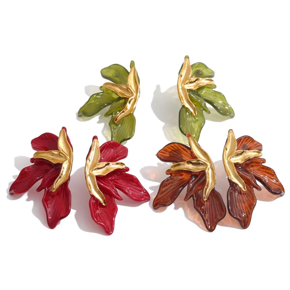 JINYOU 5976 Vintage Aesthetic Amber Resin Petal Gold Plated Stainless Steel Floral Statement Earrings