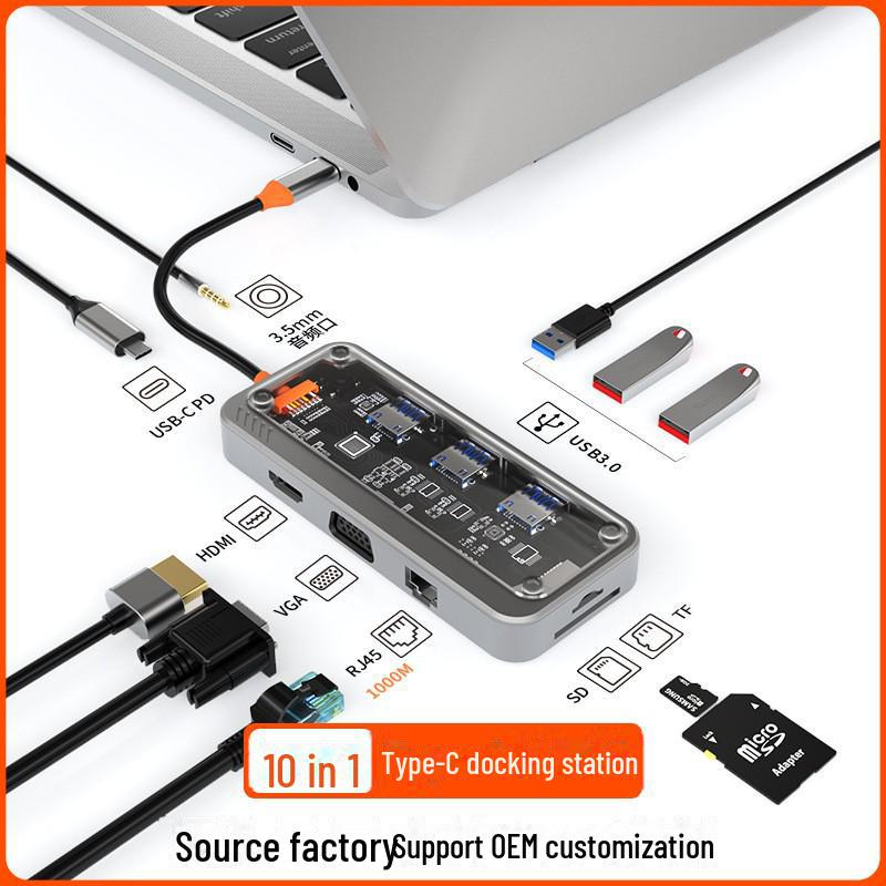 10-в-1 Прозрачный USB-хаб-док-станция Type-C