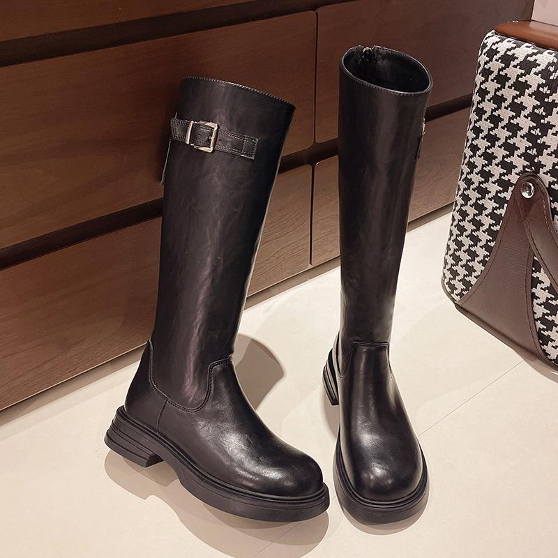 Зимние женские высокие сапоги из натуральной кожи на среднем каблуке, классическая обувь 2025 года, дизайнерские гладиаторы, высокие мотоциклетные ботинки до колена