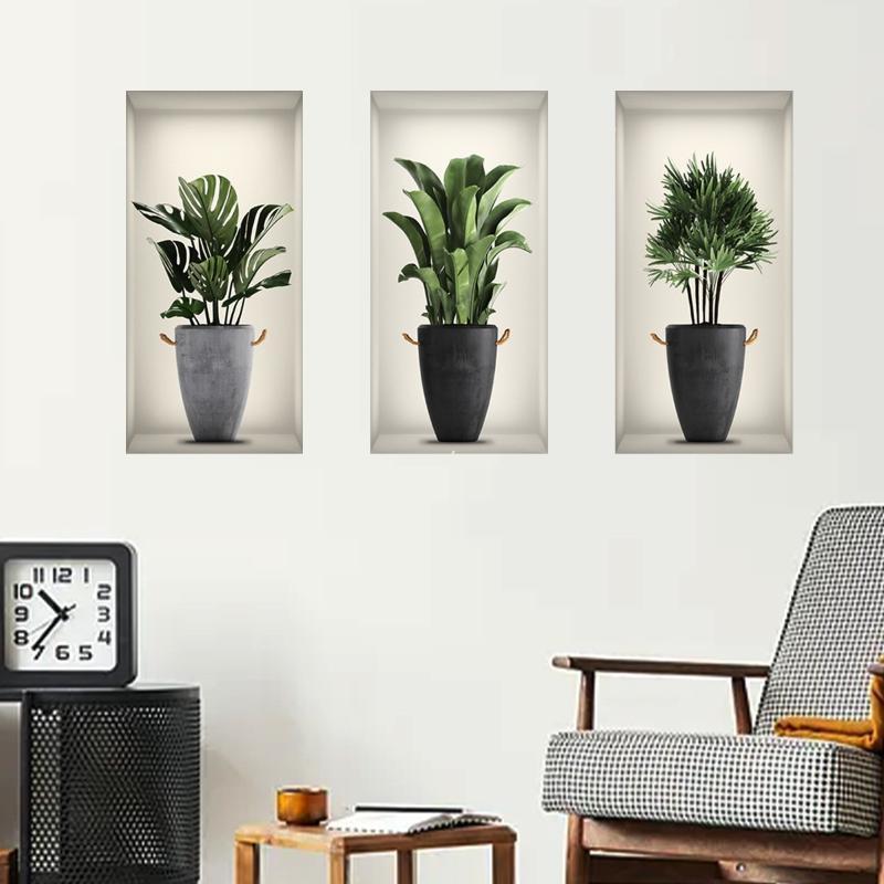 PVC 3D Simulation Green Plant Potted 3D Wall Stickers Living Room Background Study Office DIY Waterproof Decorative Stickers