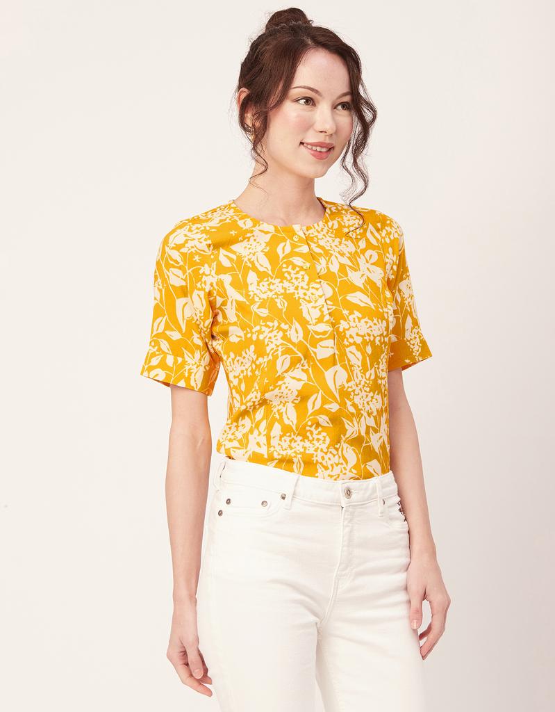 Moomaya Printed Viscose Summer Top For Women, Round Neck Short Sleeves Casual Top