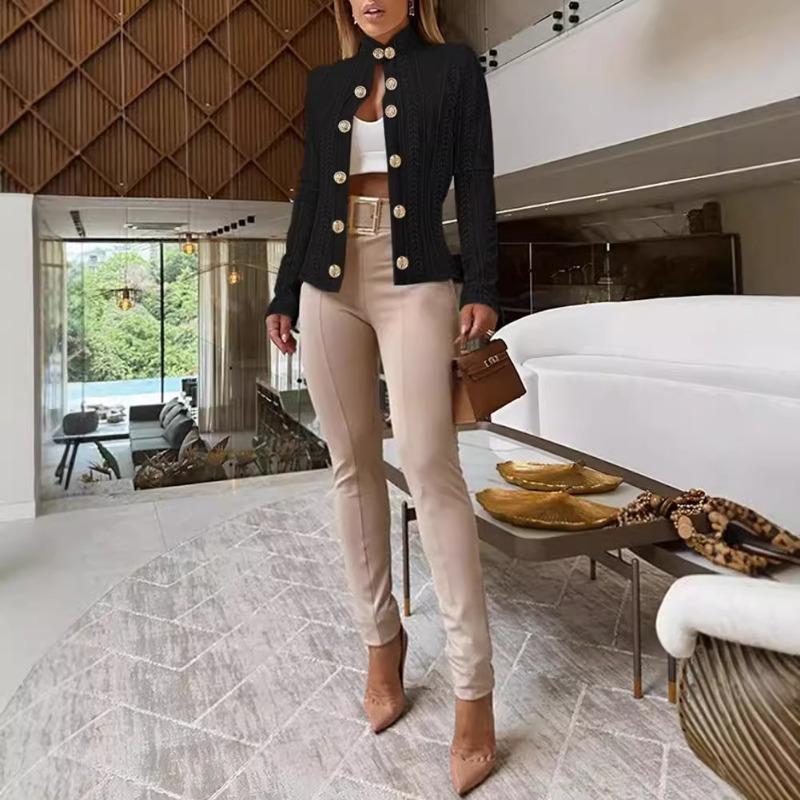 Весна Осень Модная Металлическая Пряжка Украшение Воротник-стойка Длинные Рукава Slim Fit Куртка Женская Одежда