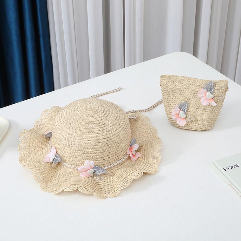 2Pcs/Set Sun Hat Children Beach Hats Set Wide Brim Straw Wide Hat New Straw Hat Beach Bag Set Party