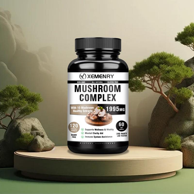 XEMENRY capsules containing 10 kinds of complex mushroom extracts, 1995mg, for immune health, suitable for adults.