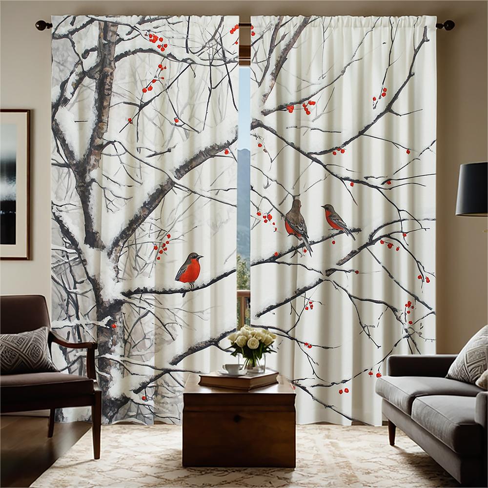 2-piece set of high-definition digital printed curtainwinter snow tree redbirds redberries rodcurtain styleHome decoration style