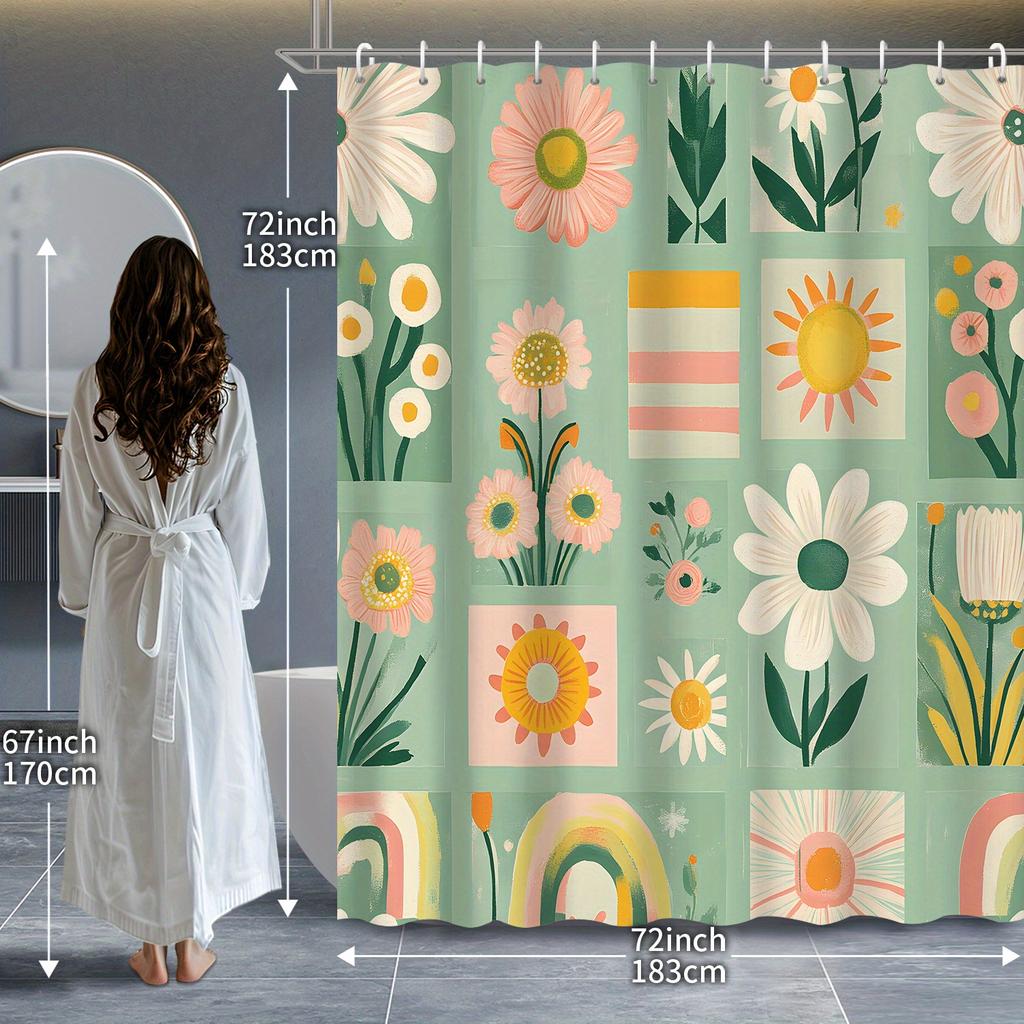 Spring Green Pink Floral Daisy Shower Curtain, 12 Hooks Included, Fresh Plant Theme for Bathroom Partition & Decor