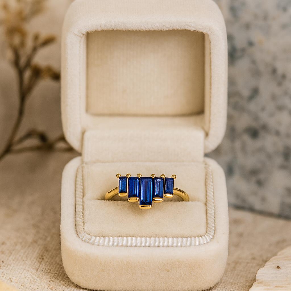 Wedding Engagement Anniversary Promise Gift – Baguette Blue Sapphire Ring, Yellow Gold Plated Geometric Band, September Birthstone Jewellery