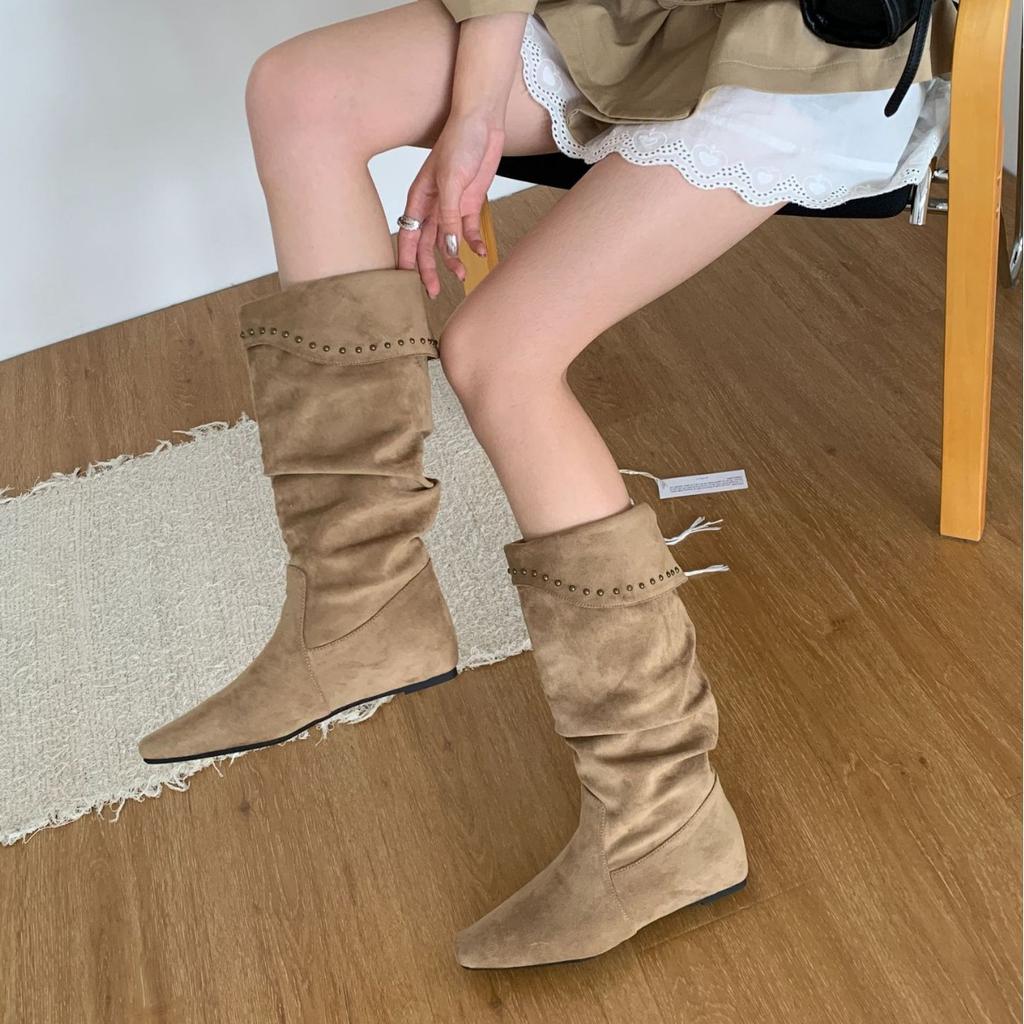 2025 Winter New Suede Inner Heightening Knight Boots Long Tube Thin Boots Rivet Boots Children's Pleated Stacking Boots