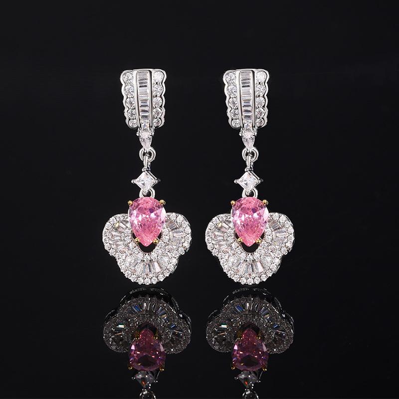 Beauty Expert Pink Crystal Zircon Retro New Chinese Ruby Earrings Long Flower Fringed Flower Decoration
