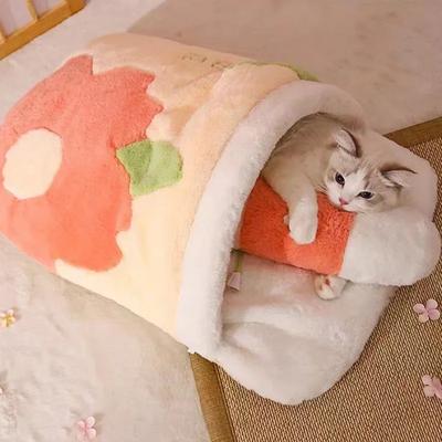 Японская Сакура Теплая Кошачья Кровать Спальный Мешок Для Кошки Глубокий Сон Зимний Дом Для Собак Кошачье Гнездо Подушка С Подушкой Съемные Товары Для Домашних Животных