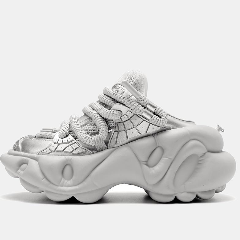 Fashion Super Soft Thick Sole Women/men Sport Shoes Lace Up Breathable Mesh Sneaker Casual Slippers Black/silver Platform Shoes