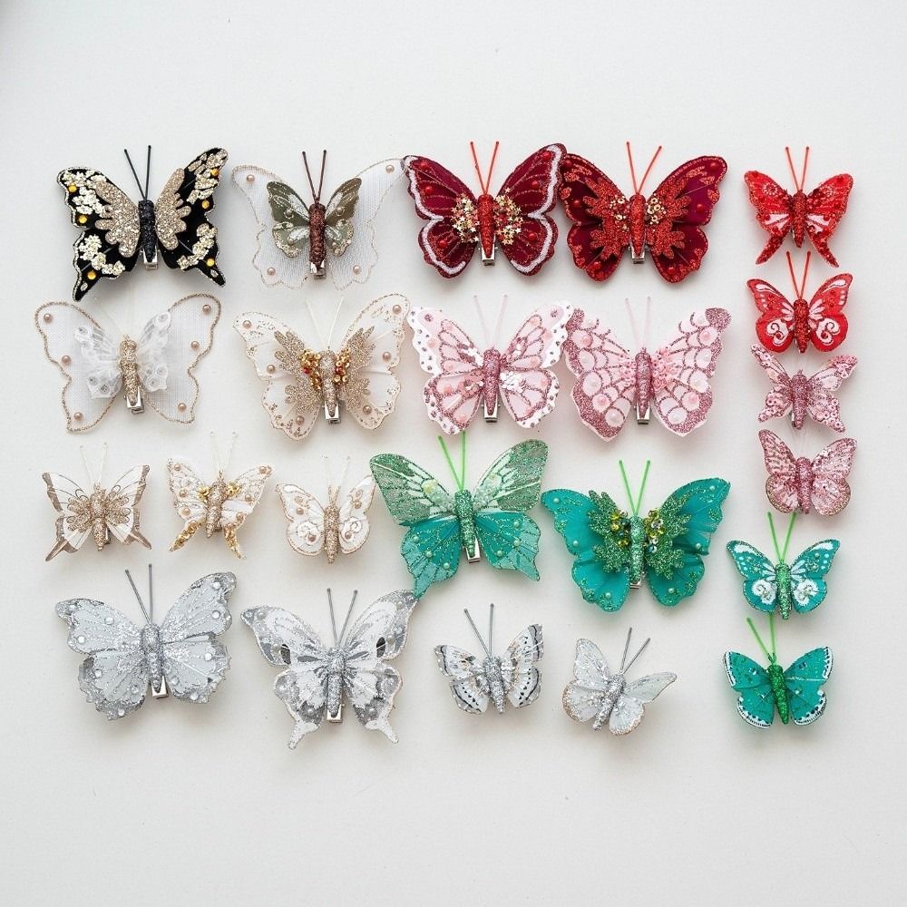 5-7cm Butterfly Christmas Decoration Plastic Feather Colorful Simulation Butterfly Pendant Handmade with Clip