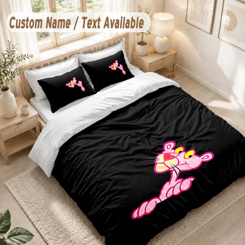 Pink Panther Bedding Set, 1 Duvet Cover & 2 Pillowcases Soft Comfortable Bedroom Home Textile Decor