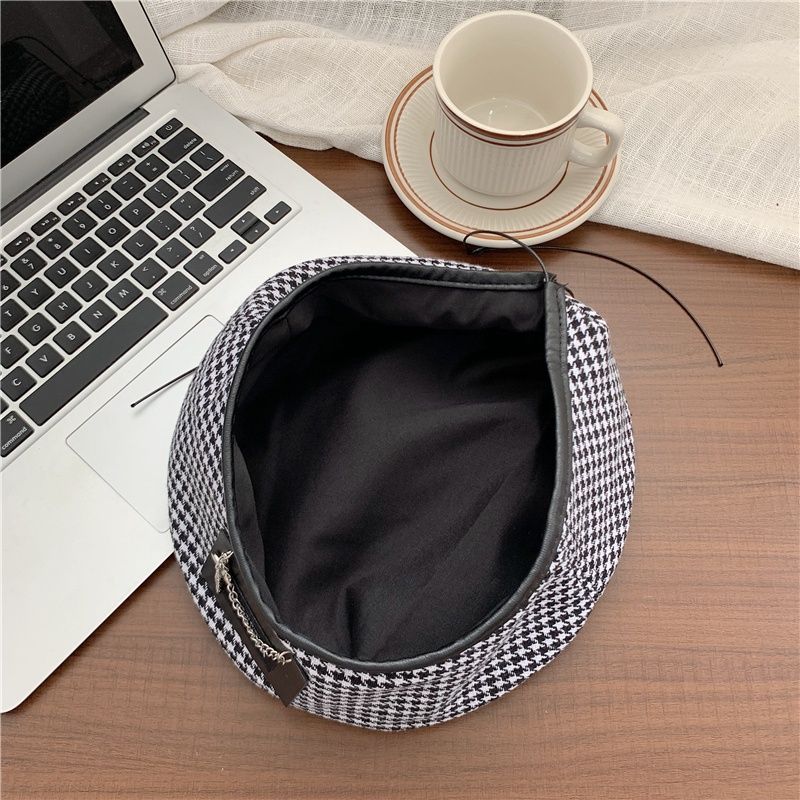 Винтажная клетчатая шляпа с цепочкой, крутые модные японские шапочки, берет с металлической нашивкой, элегантная, милая, модная шляпа уличного художника