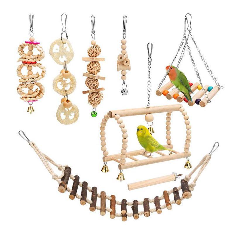 Bird Toy Set: 8-Piece Swing, Chew, and Puzzle Kit for Small To Medium Birds - Relieve Boredom with Logs and Stairs