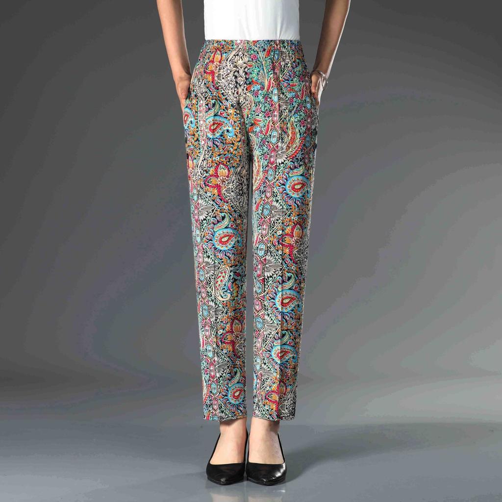 Летние брюки с цветочным принтом для женщин среднего и пожилого возраста. Эластичные брюки с высокой талией и цветочным принтом больших размеров для женщин среднего возраста.