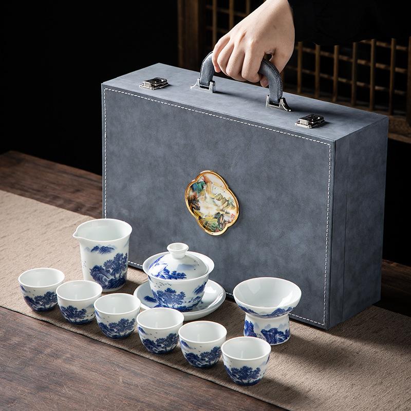 Retro Blue and White Kung Fu Tea Set, Home Creative Ceramic Cover Bowl, a Complete Set of Gift Boxes, Business Gifts