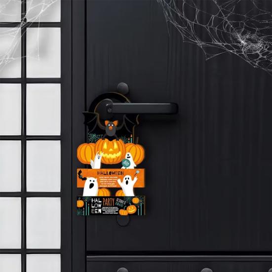 2 Pcs Halloween Door Hanger Signs, Wooden Pumpkin Bat Door Knob Hanger for Home Bedroom, Holiday Party Decor