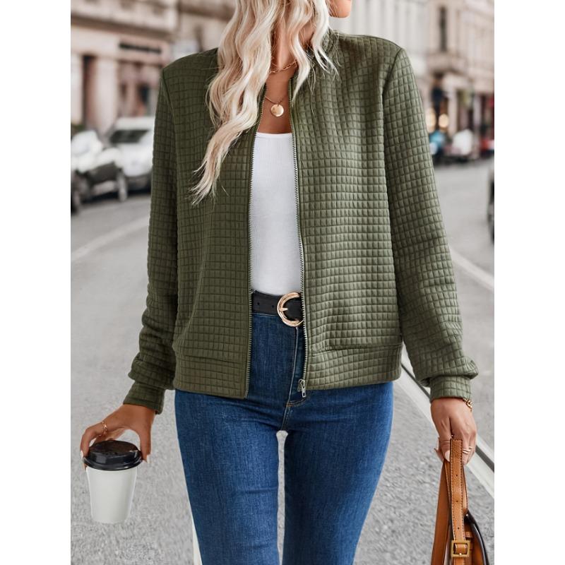 Solid Zip-up Quilted Bomber Jacket, Casual Long Sleeve Jacket For Spring & Fall, Women's Clothing