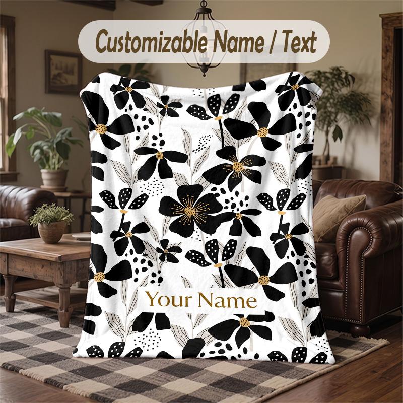 Floral Background Theme Throw Blanket Custom Name Text Personalized Blanket Soft Cozy Blanket for Home Sofa Bed