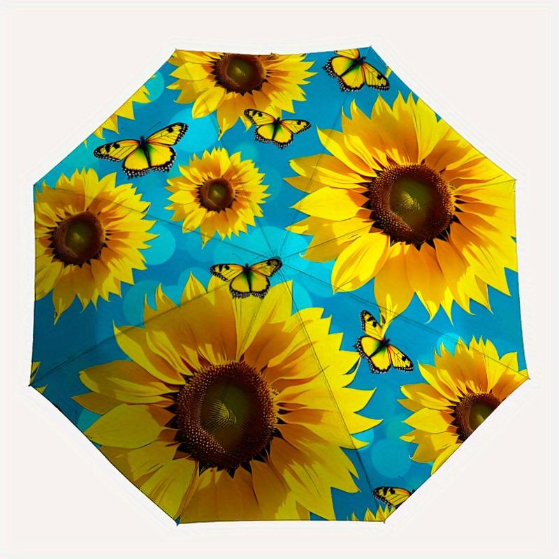 1pc Sunflower Butterfly Automatic Open/close Folding Compact Umbrella, 8-Rib Sturdy Canopy, Lightweight Portable, Everyday Use, Gift,151