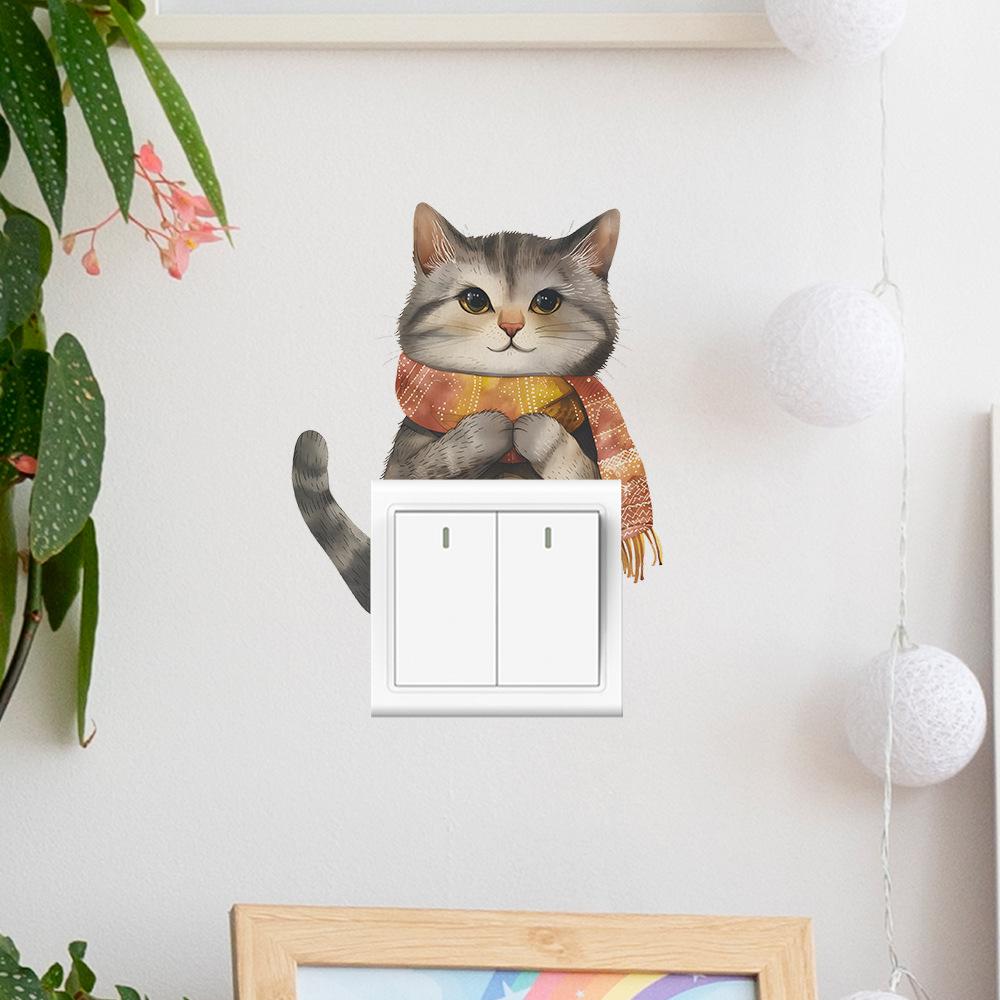 Fun-kg65 Нарисованный котенок Паста для выключателя Детская спальня Домашнее украшение Наклейки на стену Самоклеящиеся
