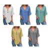 Women Summer Tops V-Neck Half Sleeve Casual Solid Color Tee Shirt Buttons Decor Loose Fit Mid-length Blouse