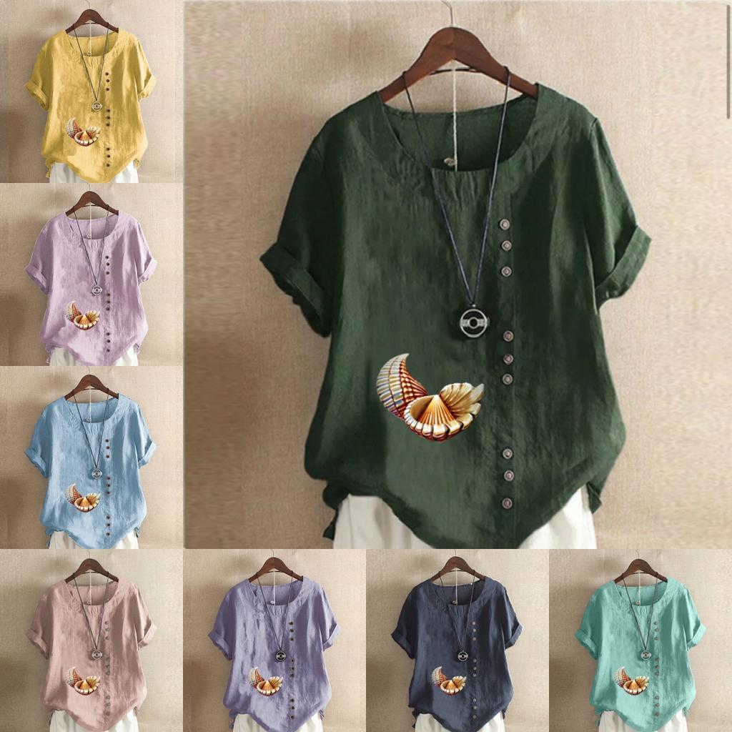 Женская модная футболка с коротким рукавом и принтом ракушек, свободная хлопковая рубашка, повседневная свободная летняя блузка, топы