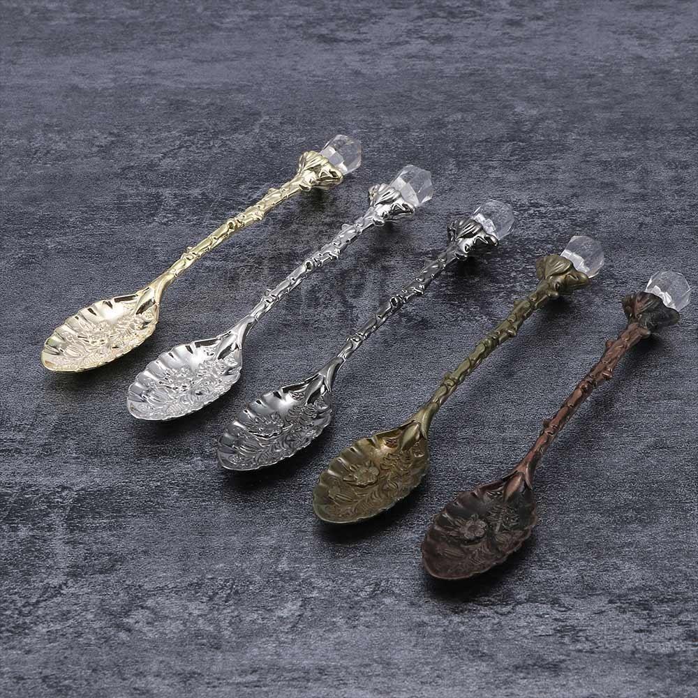 Retro Style Leaf Spoon Crystal Head Ice Cream Spoon Portable Coffee Spoon
