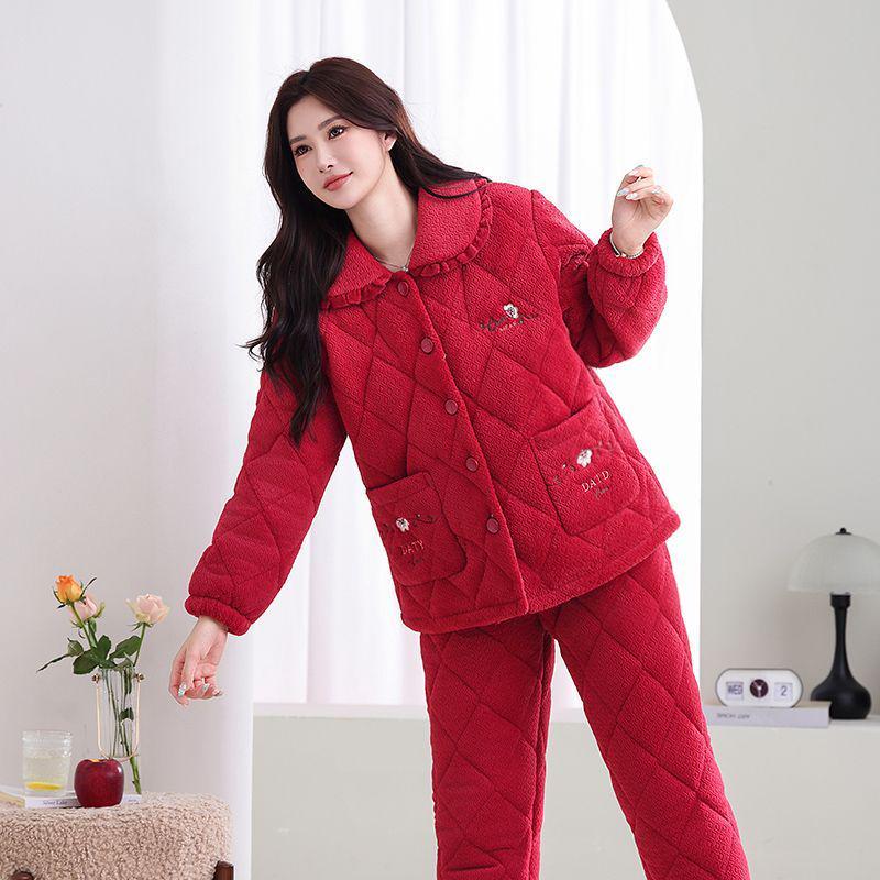 Женская зимняя стеганая пижама из кораллового флиса - Теплый фланелевый комплект для дома для мам среднего и пожилого возраста