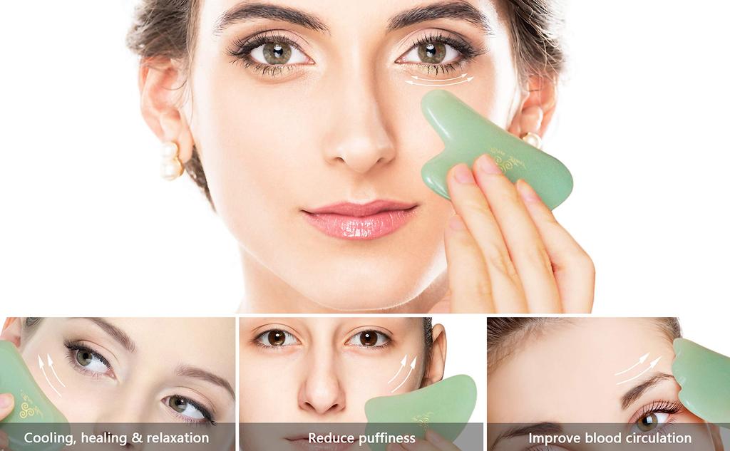 Нефритовый роллер, натуральный каменный ролик для массажа лица (Набор гуаша и ролик)