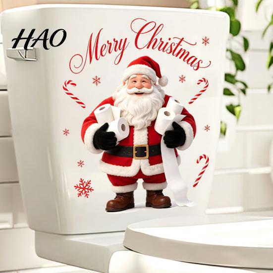 Durable PVC Sticker Funny Santa Hug Paper Toilet Sticker, Peel And Stick Christmas Claus Decal Bathroom Decal, Humorous Holiday Decor for Restroom,