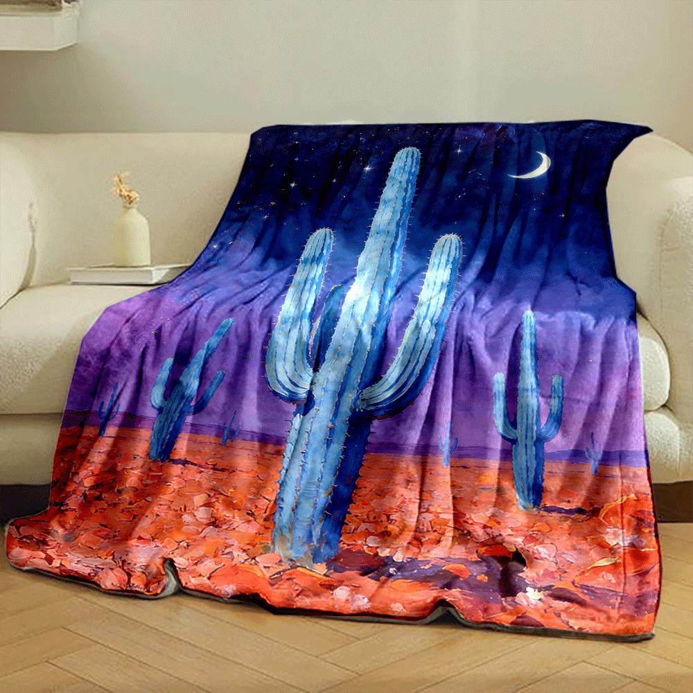 Tall blue cacti in a desert under a starry sky with a crescent moon. for all seasons blanket lunch break throw gift