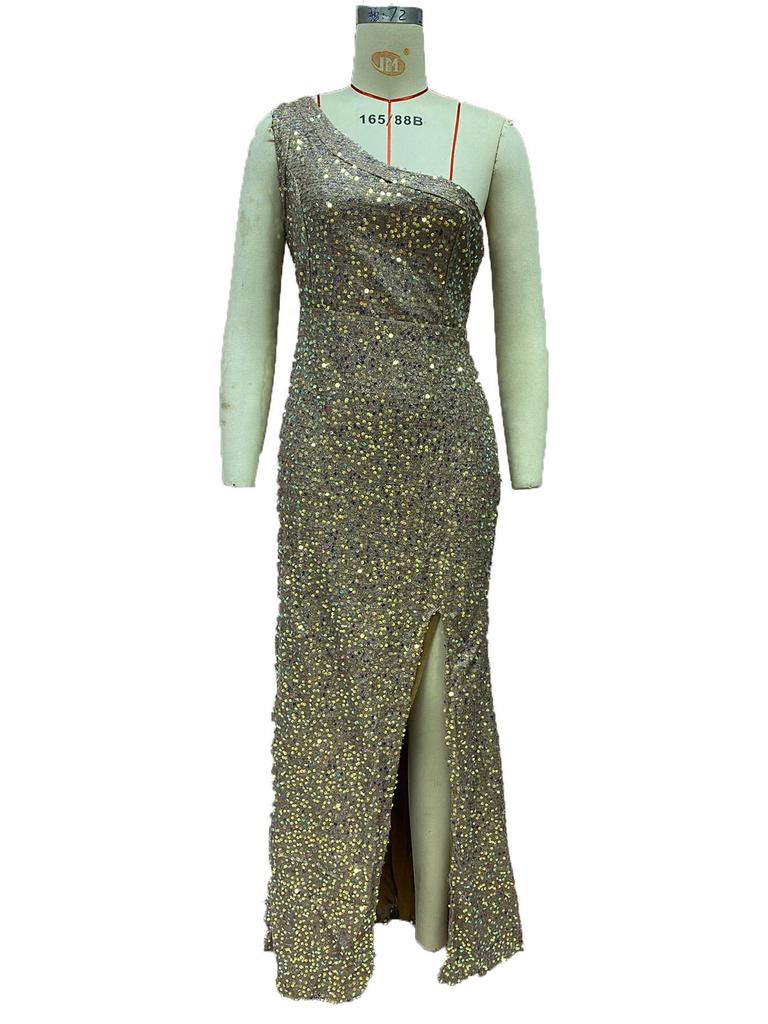 Женское розовое платье с разрезом на одно плечо 2025 года с пайетками