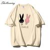 Shellsuning Cute Bunny Graphic Printed T Shirts Women Summer Casual Loose O Neck Short Sleeve Tees Female Trendy 100% Cotton Tops Lady