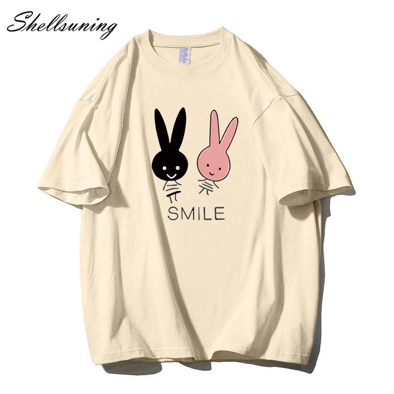 Shellsuning Cute Bunny Graphic Printed T Shirts Women Summer Casual Loose O Neck Short Sleeve Tees Female Trendy 100% Cotton Tops Lady