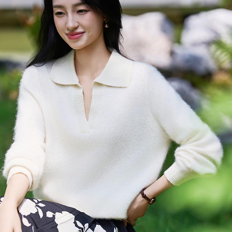 Pure Wool Lapel Knit Long Sleeve Women's Soft Brushed Base Layer for 2025 Autumn/Winter