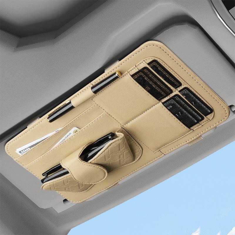 Car Sun Visor Organizer - Premium PU Leather Multifunctional Storage Box with Fashion Glasses Clip, Card Slots & Pen Holders